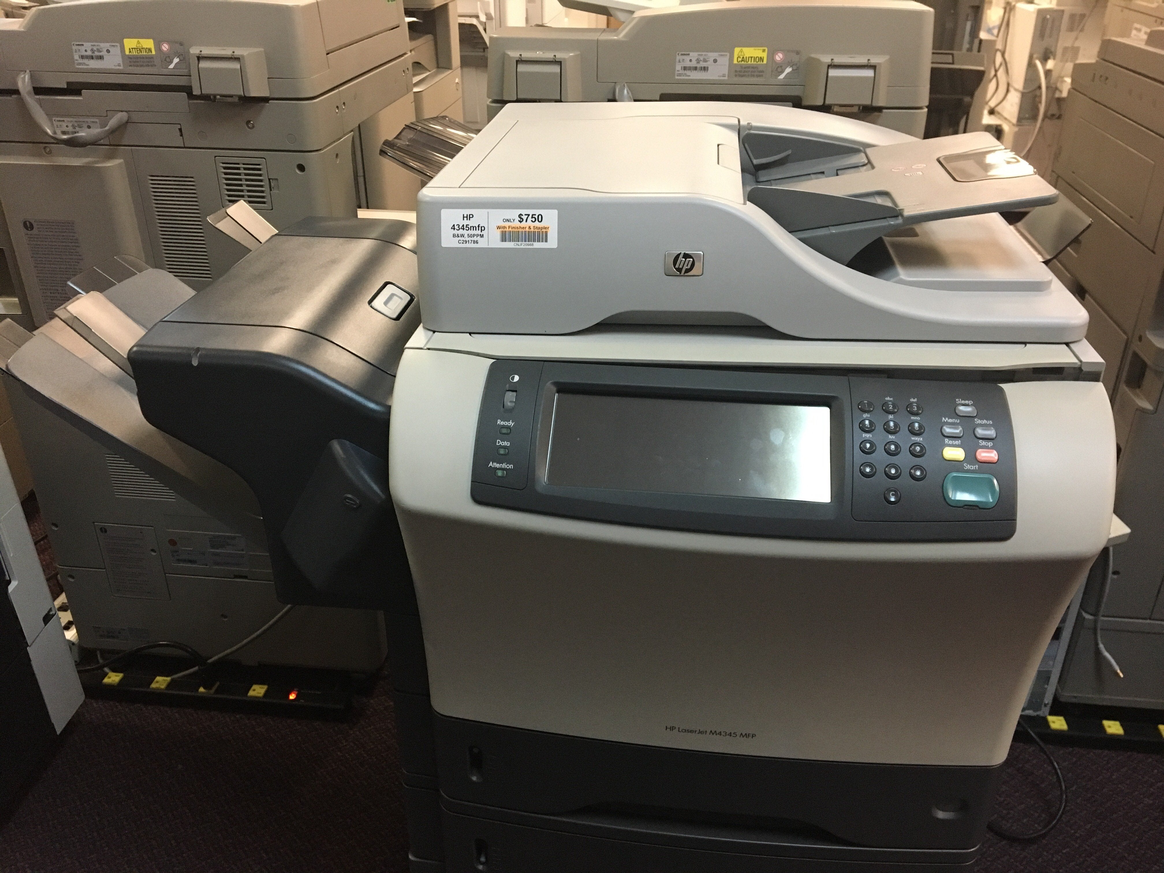 HP 4345mfp 4345 Monochrome Copier Printer Scanner with Stapler Finisher Off-Lease Photocopier Great Deal